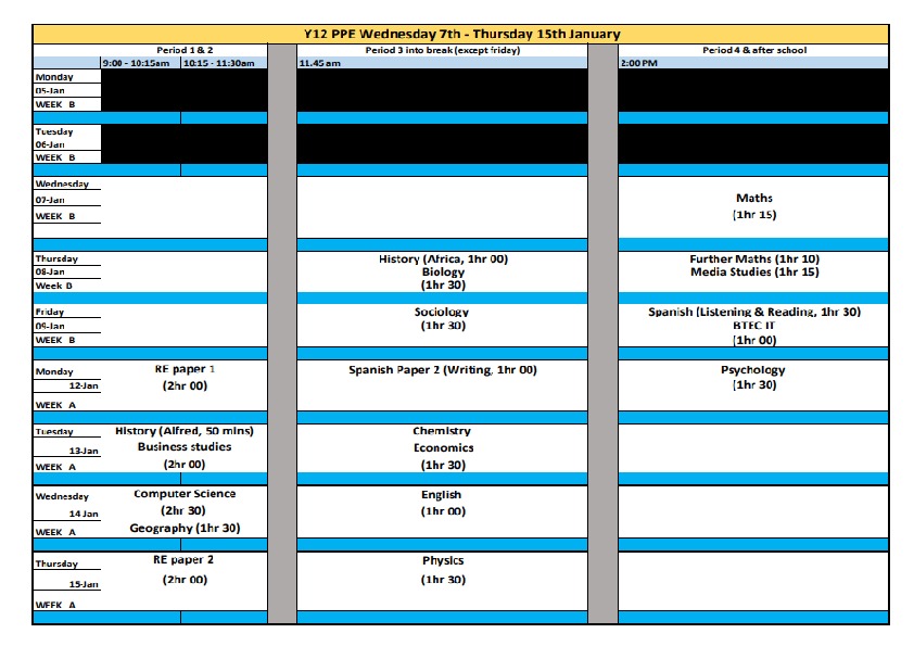 Year 12 new timetable