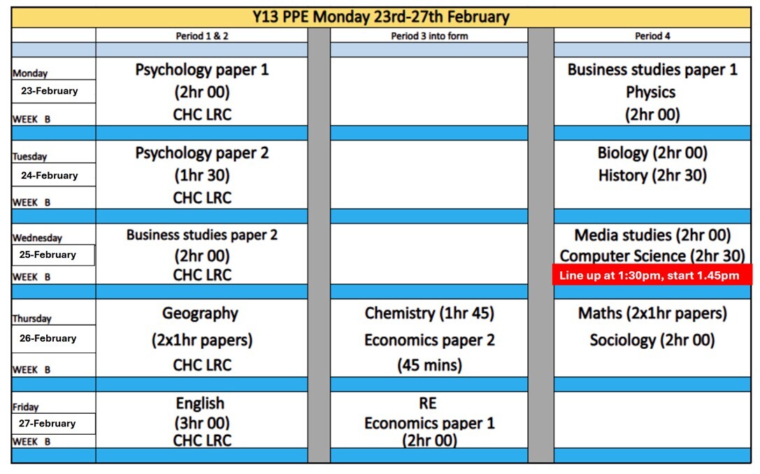 Year 13 pre public examinations timetable 23rd 27th february 2026