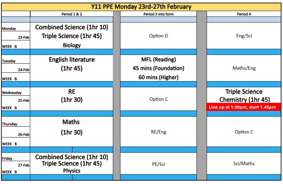 Year 11 pre public examinations timetable 23rd 27th february 2026