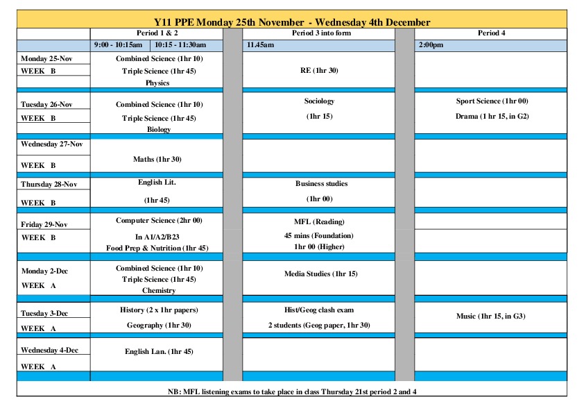 Y11 pre public examinations timetable 25th nov 4th dec 2024