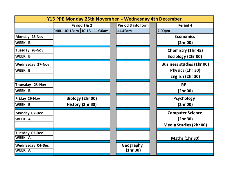 Year 13 pre public examinations timetable 25th nov 4th dec 2024