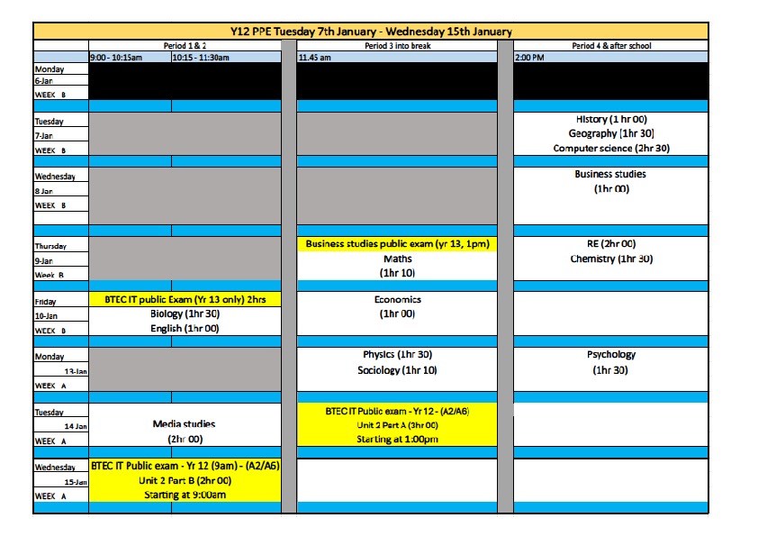 Year 12 pre public examinations timetable january 2025