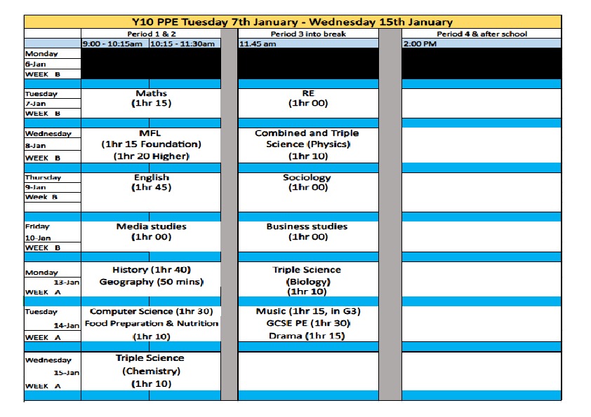 Year 10 pre public examinations ppe timetable january 2025