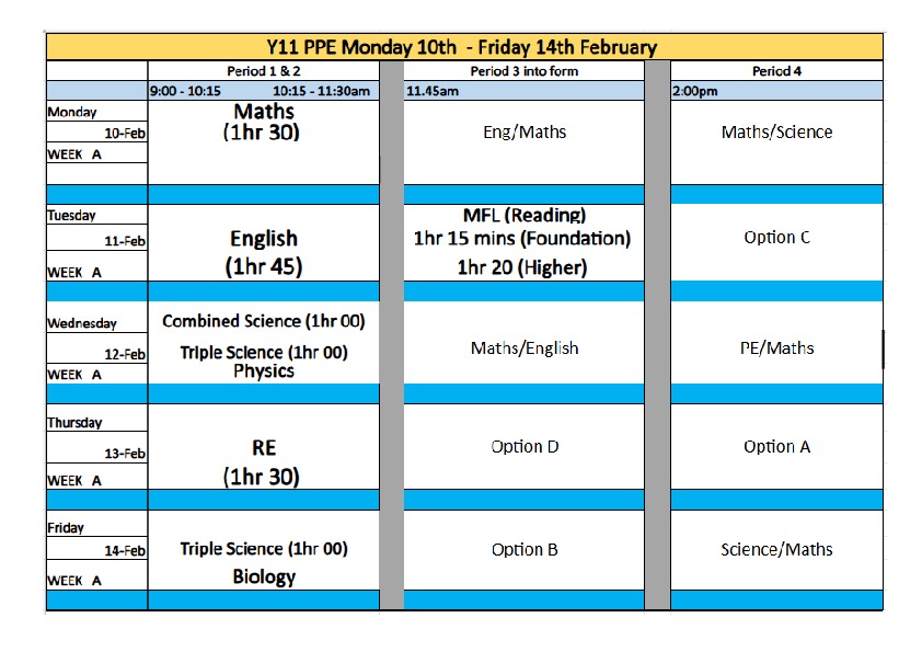 Year 11 pre public examinations ppes timetable 10th 14th february 2025