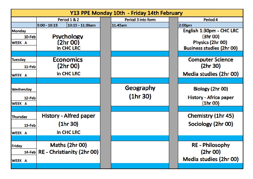 Year 13 pre public examinations timetable 10th 14th february 2025